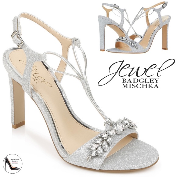 BADGLEY MISCHKA Peaches Crystal Adorned Glitter Stilettos Silver Dress Sandal 10 - Picture 1 of 13